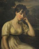Early 19th century English Schooloil on canvas,Portrait of a lady seated with a landscape beyond,