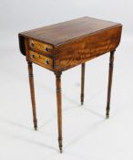 A George III mahogany drop leaf work table, with two frieze drawers opposing two dummy drawers, on