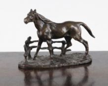 After Pierre Jules Mene (1810-1879). A 19th century miniature bronze, `Cheval a la Barriere`, on