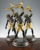 Three 19th / 02th century modern bronze figures of the Drunken Silenus, each holding a serpent and