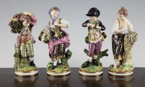 A set of four Bloor Derby `The French Seasons` figures, c.1820, each holding items emblematic of