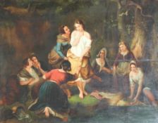 Victorian School Women bathing beside a river, 17.5 x 23.5in. Victorian Schooloil on wooden panel,
