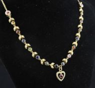 A gold, seed pearl and multi gem set heart drop pendant necklace, 18.5in. A gold, seed pearl and