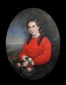 Johannes Louis Wensel (German 1825-1899) Portrait of a seated lady holding garden flowers, 42 x