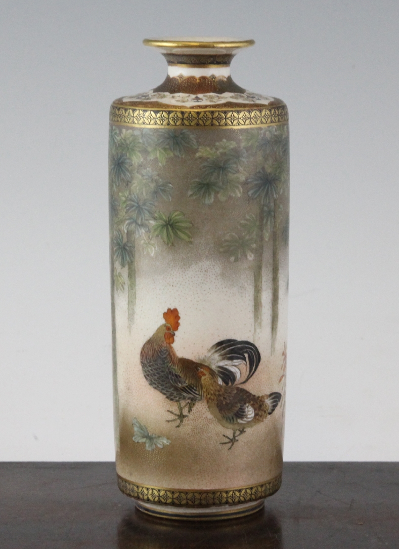 A Japanese Satsuma pottery cylindrical vase, Meiji period, 7.3in. A Japanese Satsuma pottery