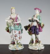 A pair of Derby figures of a lady and gentleman, c.1760, 8.75in., restorations A pair of Derby