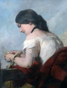 19th century English School Study of a young woman plaiting corn, 36 x 27.5in. 19th century