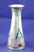 An Edwardian Arts & Crafts silver and polychrome enamel vase by Liberty & Co Ltd, gross 9.5 oz. An