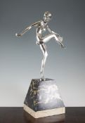 An Art Deco silvered metal figure of a female tambourine dancer, 20in. An Art Deco silvered metal