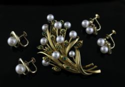 A 18ct gold and 14ct gold, cultured pearl and emerald set spray brooch & 2 pairs of ear clips. A