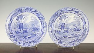A pair of Spode Indian Sporting Series blue and white plates A pair of Spode Indian Sporting