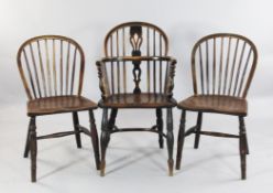 A 19th century elm seated Windsor armchair & 2 dining chairs A 19th century elm seated Windsor