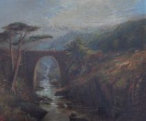 Alfred Augustus Glendening (1840-1910) Scottish landscape with figure on a stone bridge, 9.5 x 11.