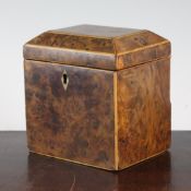 A George III burr yew wood square section tea caddy, 5in. A George III burr yew wood square