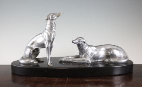 An Art Deco silvered metal figure group of two Borzoi, 20in. An Art Deco silvered metal figure group