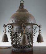 A stylish Coberg Arts & Crafts patinated metal ceiling lantern, 24in. A stylish Coberg Arts & Crafts