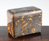 An early 19th century tortoiseshell two division tea caddy, 7in. An early 19th century tortoiseshell