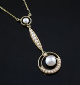 A cased Mikimoto 15ct gold, cultured and seed pearl set drop pendant, pendant 2in. A cased