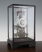 A late 19th century French brass skeleton clock, overall 14.5in. A late 19th century French brass