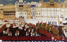 An Indian painting on silk of a procession, 20th century, 36 x 58in. An Indian painting on silk of a