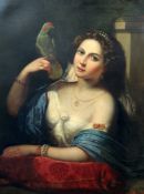 Late 19th century English School (A.Jopy) Portrait of an Italian beauty holding a parrot, 36 x 28in.