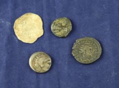 Four Ancient Roman & Greek coins; (4) Four Ancient Roman & Greek coins; Valerian II Caesar (253-