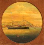 19th century Anglo Chinese School Steamship and clipper off of Hong Kong, 18in. 19th century Anglo