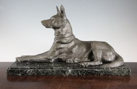 An Art Deco gray metal figure of an Alsatian, 21.5in. An Art Deco gray metal figure of an