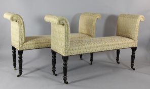 A pair of 19th century scroll end window seats, W.4ft 8in. A pair of 19th century scroll end