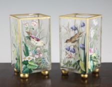 A pair of French enamelled glass square section vases A pair of French enamelled glass square