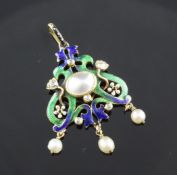 An early 20th century gold, diamond, seed pearl and polychrome enamel drop pendant, 1.5in. An