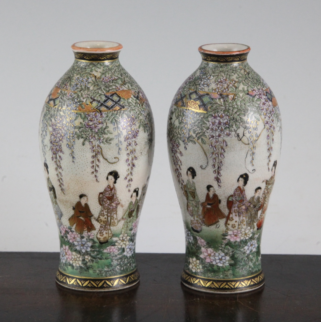 A pair of Japanese Satsuma pottery baluster vases, Meiji period, 4.8in., one cracked A pair of