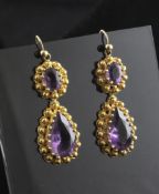 A pair of gold and amethyst set drop earrings, 1.5in. A pair of gold and amethyst set drop earrings,
