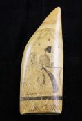 A scrimshaw whales tooth, 6in. A scrimshaw whales tooth, depicting flowering trees and a seated lady