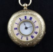 A continental 14ct gold and guilloche enamel half hunter keywind fob watch, A continental 14ct