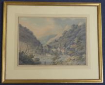 Reverend John Swete (1752-1821) Cottages and waterfall in a valley, 12.5 x 18in. Reverend John Swete