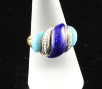 An 18ct gold, diamond and two colour enamel dress ring, size P. An 18ct gold, diamond and two colour