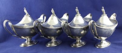 A set of four George III silver two-handled oval sauce tureens, with eagle finials & Morland coat of