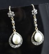 A pair of 19th century gold and silver natural pearl and diamond set drop earrings, 2in. A pair of
