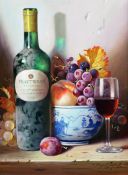 Raymond Campbell (20th C.) Still life with wine bottle and bowl of fruit, `Montgras` 15.5 x 11.