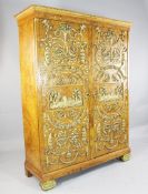 A Continental burr maple gilt gesso mounted two door cupboard, W.4ft 5in. A Continental burr maple