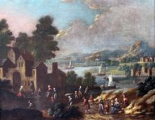 18th century Dutch School River landscapes with numerous figures beside houses, 8 x 10.5in. 18th