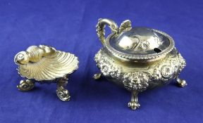 A Victorian silver gilt mustard pot & shell salt. A Victorian silver gilt mustard pot, of squat