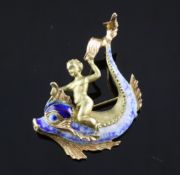 A 20th century Italian 18ct gold and enamel brooch, 1.5in. A 20th century Italian 18ct gold and