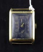 A gentleman`s early 1930`s 18ct gold Tavannes manual wind wrist watch, no strap. A gentleman`s early