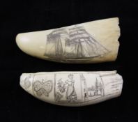 Two scrimshaw whales teeth, largest 4.5in. Two scrimshaw whales teeth, one depicting a ship at