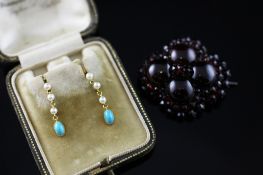 A pair of gold, turquoise and seed pearl set drop earrings & a brooch, 1.5in. A pair of gold,