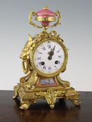 An early 20th century French ormolu and porcelain mantel clock, 10.5in. An early 20th century French