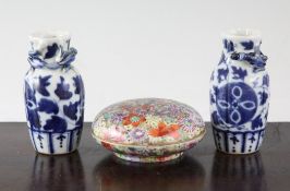 A Chinese millefleur seal paste box and cover & pair vases A Chinese millefleur seal paste box and