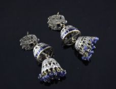 A pair of Indian? 18ct gold, sapphire and diamond drop earrings, 2in. A pair of Indian? 18ct gold,